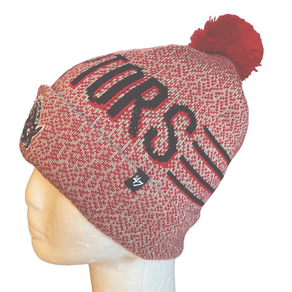 Toronto Raptors 47 Brand Red Pom Beanie Cuffed NBA Hardwood Classics Knit Hat - Picture 2 of 7